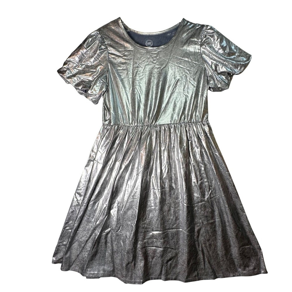 Wonder Nation Girls Metallic Silver Puff Sleeve Party Dress XXL 18 Shiny Space